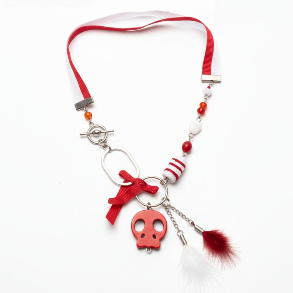 CREATION - Skull short necklace Ruban bead fabric feather Red white
